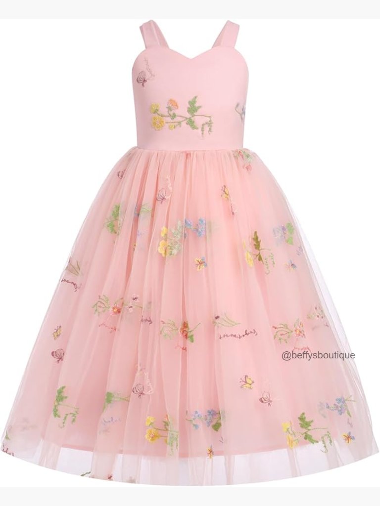 Girls Floral Embroidered Tulle Dress Sleeveless Spaghetti Straps Party Formal